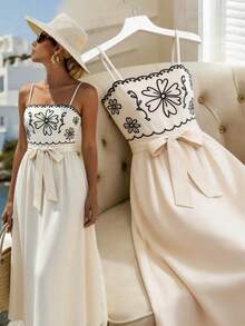 GlowEve 女士浅杏色撞色刺绣腰部A字连衣裙，魅力优雅甜美可爱，适合日常、度假、通勤、约会等各种场合，法式街头复古百搭春夏新款浅杏色无袖中长连衣裙 - 杏色 - 查看 1