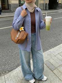 Solavon 新款韩版刺绣条纹宽松休闲日常百搭衬衫 - 藍色 - 查看 1