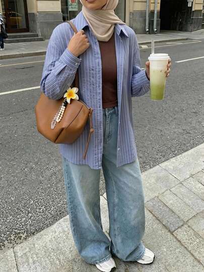 Solavon New Korean Style Embroidered Striped Loose Casual Everyday Versatile Shirt