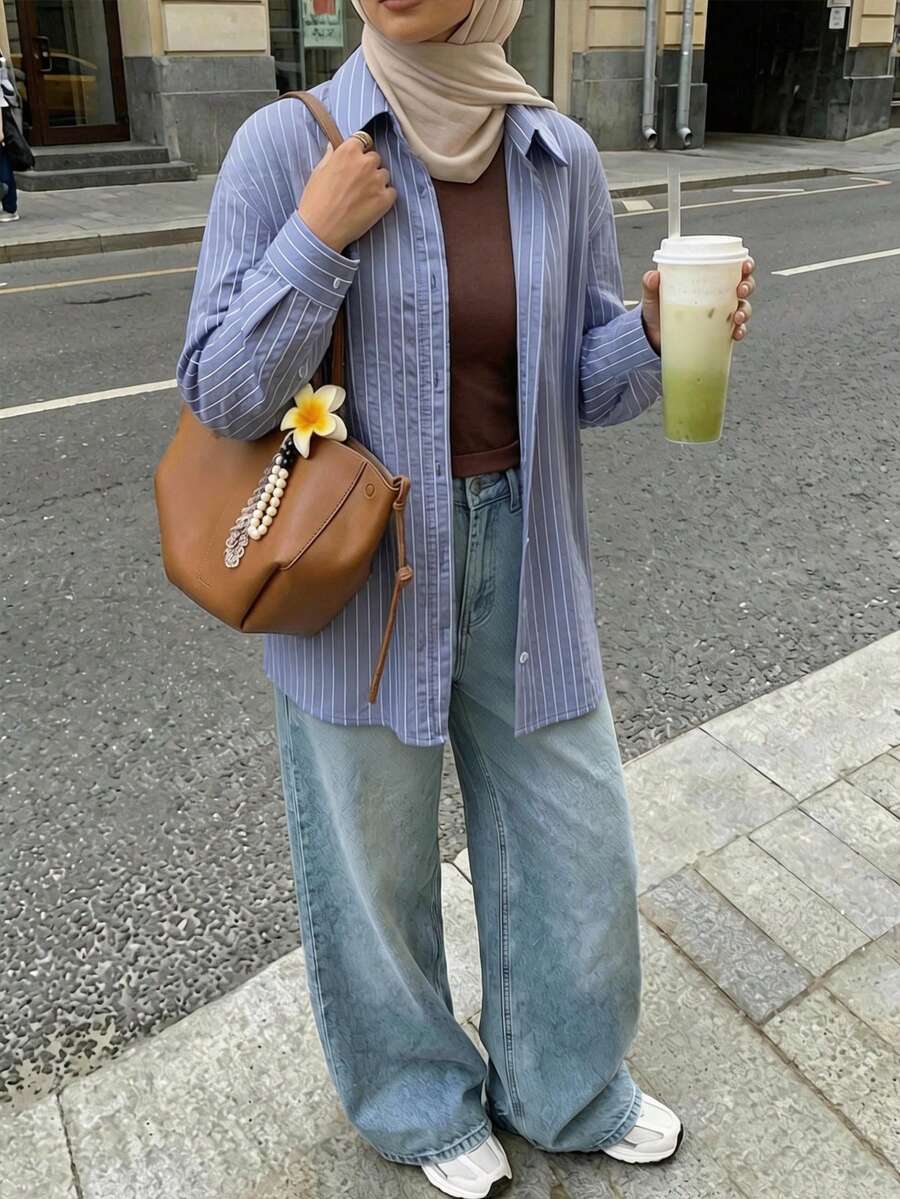 Solavon 新款韩版刺绣条纹宽松休闲日常百搭衬衫 - 藍色 - 查看 1