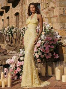 Glamrae 优雅奢华浅黄色亮片刺绣网纱连衣裙，手工蝴蝶结装饰，领口系带蝴蝶结装饰鱼尾拖尾礼服，女士正式晚礼服 - 淡黃色 - 查看 4