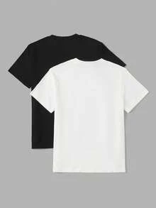 SHEIN Coolqubz 2pcs/Set Teenage Boys Short Sleeve T-Shirts - Black and White - View 2