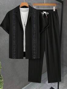 Manfinity Homme 男士黑色夏季波西米亞度假風兩件套套裝，皺紋布料短袖印花襯衫與抽繩長褲套組，休閒度假穿搭 - 黑色 - 查看 3