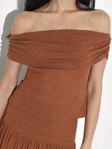 KSTM Women's Off Shoulder Rust Brown Gathered Bardot Top With Ruched Detailing And Flowing Tiered Hem For Fall Autumn Fashion - Khaki - View 5