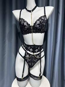 SHEIN Floral Lace Underwire Garter Lingerie Set With 1pair Stocking - Black - View 7