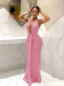 Slaydiva 2025新款优雅深V领美人鱼连衣裙，适合派对、生日、酒吧、夜店、情人节、万圣节、圣诞节等场合 - 棕色 - 粉色 - 查看 6