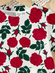 Baby Girl Casual Red Rose Print Short Sleeve Round Neck T-Shirt, Suitable For Summer - Multicolor - View 4