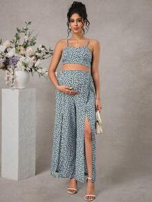 Momance Maternity Spaghetti Strap Ditsy Floral Sleeveless Top And Pants 2 Pieces Set, Summer - Green - View 4