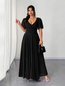 Elenzga Váy chữ A cổ chữ V tay bèo nhún bằng vải voan cỡ lớn dành cho nữ, đơn giản, thanh lịch, lãng mạn, duyên dáng, bồng bềnh - màu đen - Xem 4