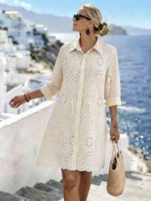 Parysyn 大码女式梭织休闲镂空刺绣夏季衬衫 - 杏色 - 查看 1