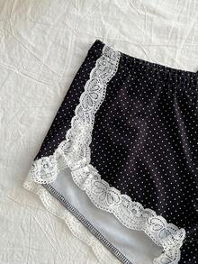 SHEIN Unity Women's Vintage Elegant Polka Dot Print Contrast Lace Shorts, Summer Sexy Shorts For Women Bum Shorts For Ladies - Black - View 4