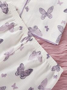 SHEIN Conjunto de 2 piezas de ropa de descanso informal para niña preadolescente con pantalones estampados con mariposas y blusa de manga corta holgada, de tela suave y texturizada en color púrpura - Albaricoque - Ver 7