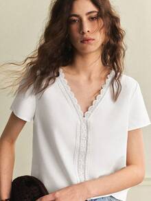 Écloséra Blusa elegante y retro versátil para mujer, blusa blanca de primavera y verano con cuello en V y encaje, ideal para salir, casual, vacaciones, eventos sociales, graduación y fiestas - Blanco - Ver 4