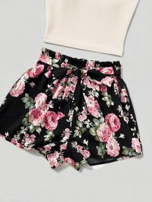 Coeurva 纯色扇形边饰短款吊带背心和印花腰带短裤夏季女士两件套沙滩套装 - 杏色 - 查看 13