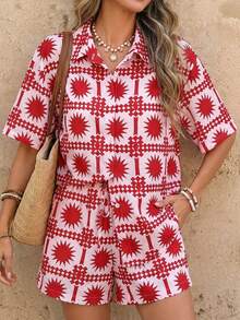 Vivid Eden 女士夏季休闲几何印花衬衫和短裤两件套 - 粉色 - 查看 12