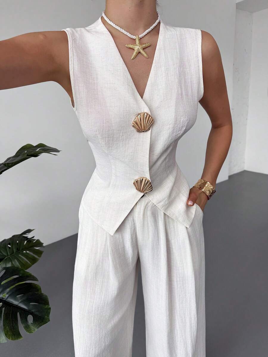 Rafferiza Bộ vest và quần dài bằng kim loại dành cho nữ, kiểu dáng thường ngày. - Màu be - Xem 1