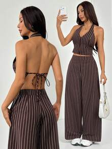 SHEIN PETITE Spring/Summer Office Lady V-Neck Sleeveless Top With Open Back & Wide Leg Pants, Slimming And Lengthening Outfit For Streetwear Brown Two Piece Set Women Striped Two Piece Set - Brown - View 4