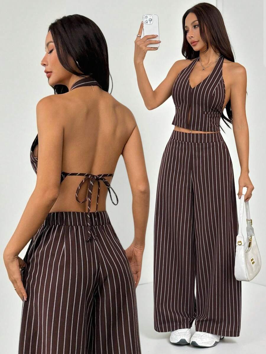 SHEIN PETITE Spring/Summer Office Lady V-Neck Sleeveless Top With Open Back & Wide Leg Pants, Slimming And Lengthening Outfit For Streetwear Brown Two Piece Set Women Striped Two Piece Set