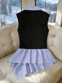 Franclia 女士黑色时尚休闲条纹衬衫，修身显瘦 - 黑色 - 查看 2