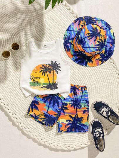 SHEIN Playful Pals 男婴夏季三件套，白色时尚字母印花背心，棕榈树印花沙滩短裤，配套帽子，适合海滩度假、日常休闲穿着和户外活动