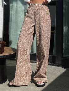DAZY All-Over Print Slant Pocket Casual Wide Leg Jeans Summer - Brown - View 4