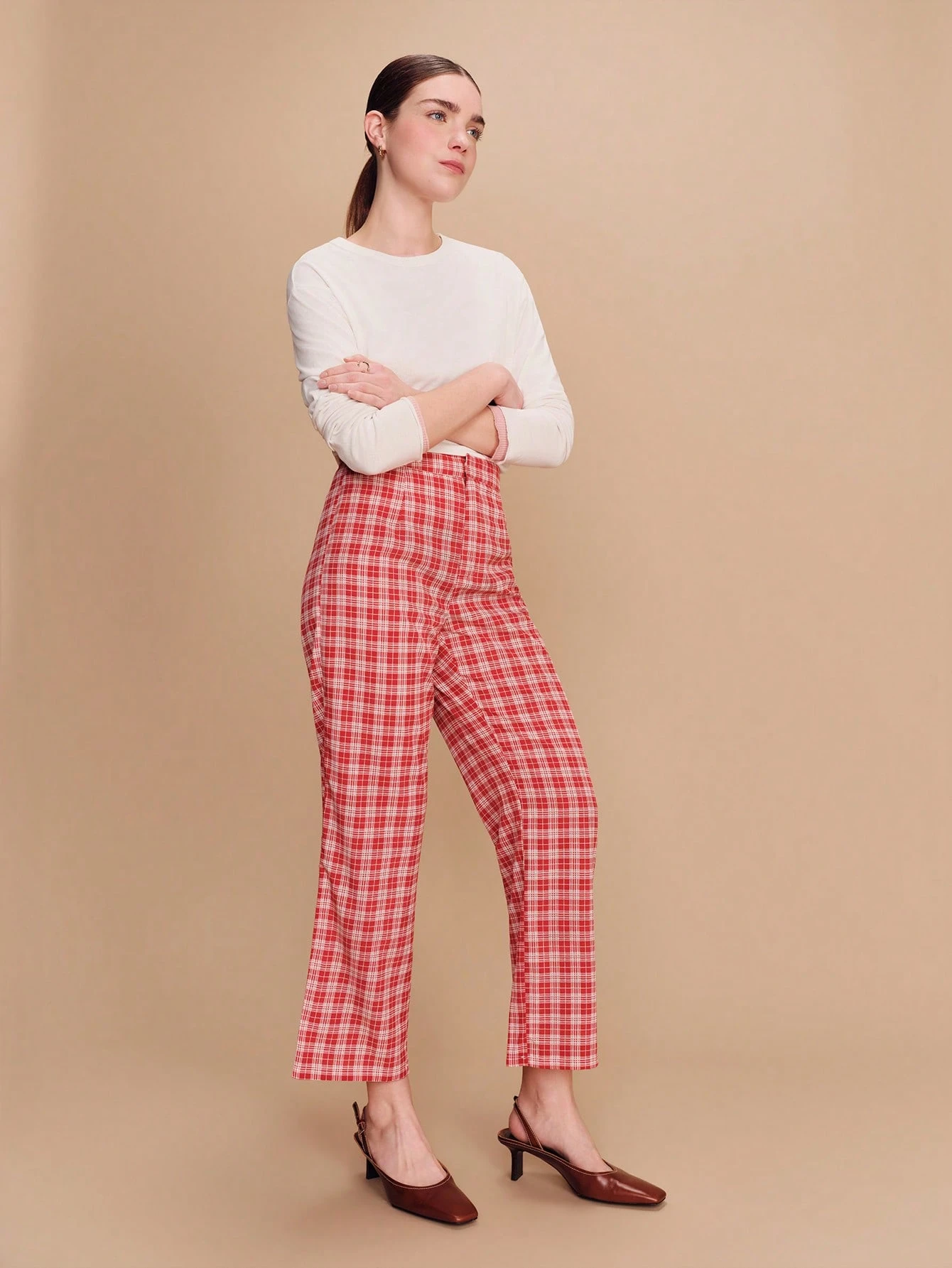 Spodnie z wysokim stanem i nadrukiem w czerwoną kratkę, w stylu vintage, urocze, na wiosnę i lato