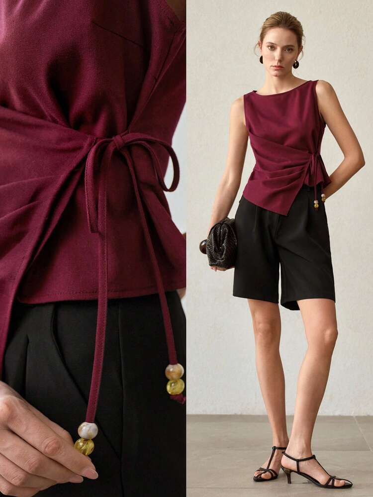 STYLISH TIE-UP BEADED RUCHED SLEEVELESS SLIM FIT TANK TOP