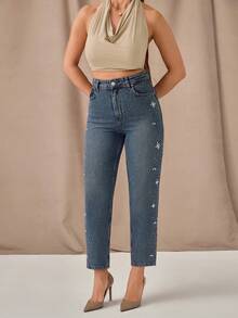 SHEIN Rhinestone Floral Details, Mom Fit, Relaxed, High Waist, Denim Pants, Jeans - Medium Wash - View 4