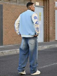 Devon Thys Manfinity Streetrush Men's Patchwork Thermal Lined Baseball Jacket, Long Sleeve Sky Blue Varsity Jacket, Men's Letterman Jacket, Fall Winter - Baby Blue - View 2