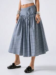 LYSMO 2026 New Arrive Minimalism Spring/Summer Women's Blue Dress Plaid Ruffle Hem Pleated Casual Mini Skirt, Going Out Outfits Ruffle Skirt Peplum Casual Outfit For Women Spring Outfit Women Summer Outfits Streetwear - Navy Blue - View 6