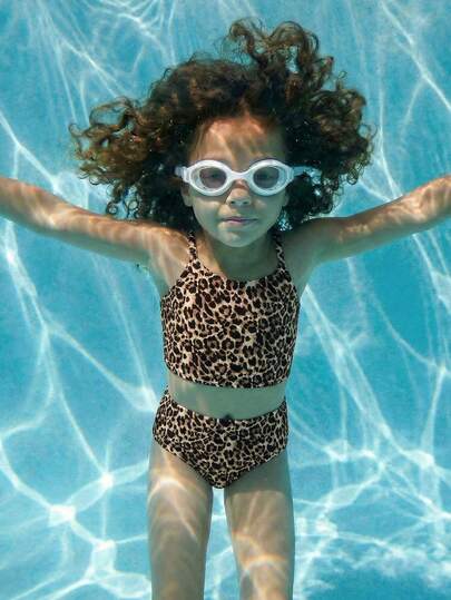 Maija Kids Maija Kids Young Girls Simple Leopard Print Fitted Camisole & Triangle Bikini Swimsuit Set, Casual Style Suitable For Summer