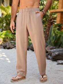 VENTUSAIL Pantalones casuales sueltos con cintura elástica y rayas para hombres - Caqui - Ver 1