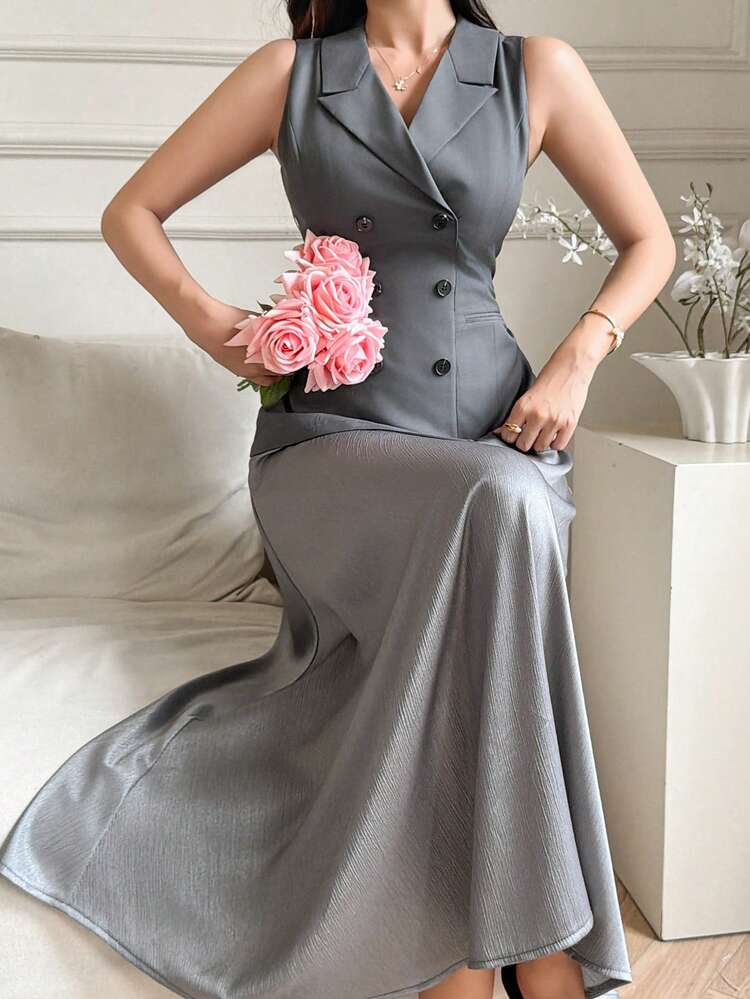 Women's Solid Color Lapel NeckDouble-Breasted Sleeveless Elegant Midi Dress For Commuting