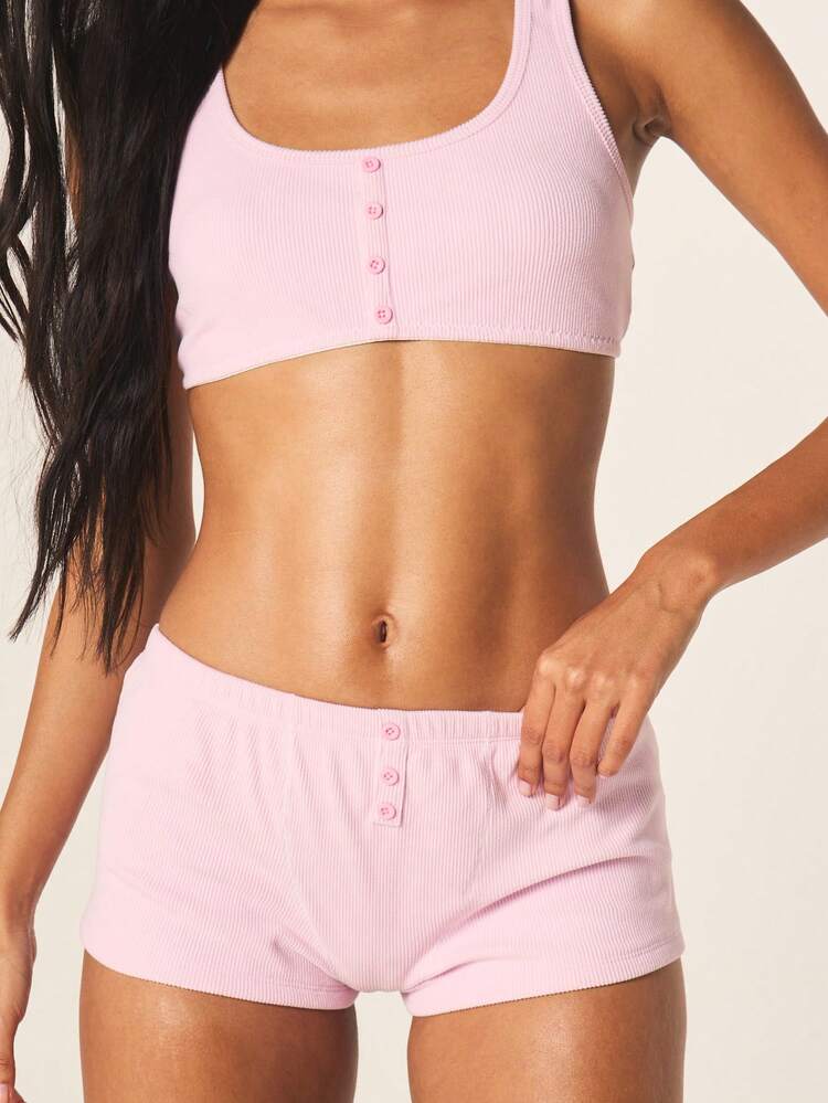 MISSGUIDED Ribbed Bralette And Boxer Short Lingerie Set With Button Front Closure Scoop Neck Sleeveless Intimate Lounge