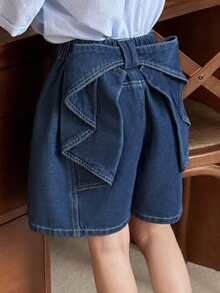 Dazy Kids 少女纯色蝴蝶结牛仔短裤夏季款 - 藍色 - 查看 1