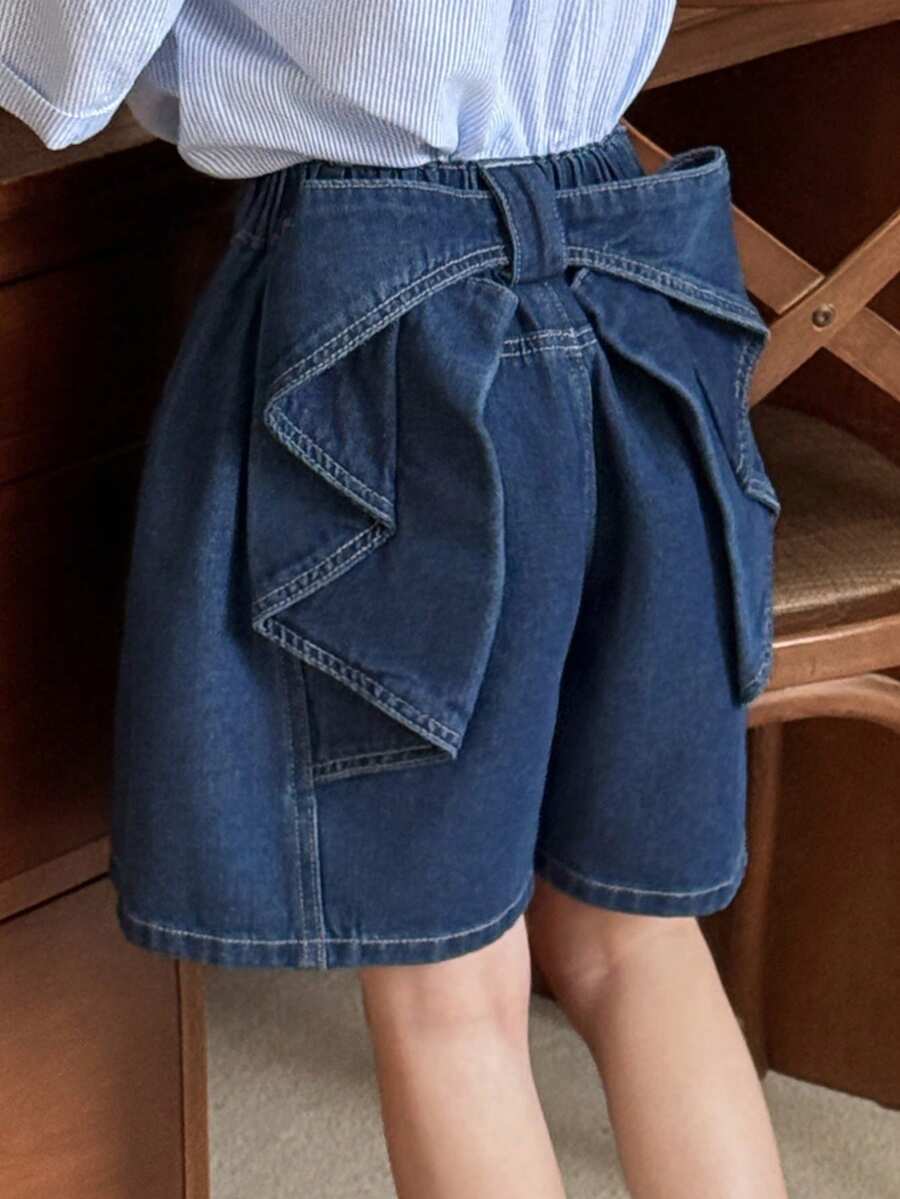 Dazy Kids 少女纯色蝴蝶结牛仔短裤夏季款 - 藍色 - 查看 1
