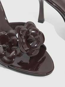CUCCOO SZL Stylish Dark Brown Patent Leather High-Heeled Sandals, Three-Dimensional Flower Decoration Is Suitable For Party Scenes Spring Shoes Prom Heels Summer Shoes - Chocolate Brown - View 2