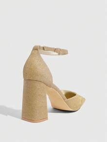 CUCCOO SZL Women's Pointed Toe Ankle Strap Chunky Heel Shiny Fashion Heels - Gold - View 3