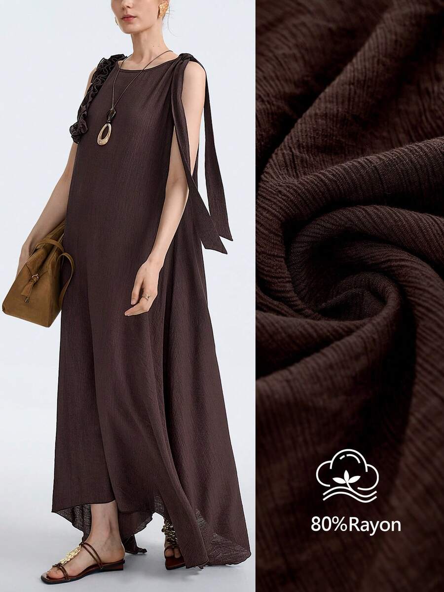 Aalyst Women's Summer Casual Vacation Dark Brown Sleeveless A-Line Dress,High-Quality Pleated Fabric,Ruffle Design Beach Outfit For Party Daily Gathering