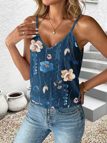 Breezaya 女士花卉印花镂空纹理吊带背心 - 藍色 - 查看 5