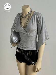 EgrlEra 女士性感深V领修身复古针织T恤 - 灰色 - 查看 3