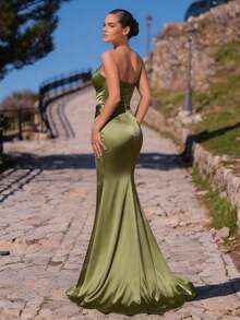 Glamrae Elegant Luxurious Bubble Bead & Rhinestone Embellished Asymmetric-Shoulder Elastic Knit Ruched Slit Fishtail Dress, Suitable For Wedding, Party, Holiday, Banquet - Dusty Pink - View 3