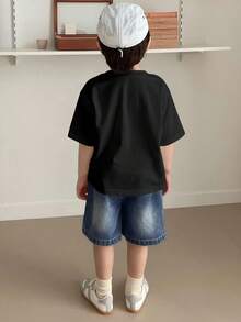 Hapijoa 男童休闲日常通勤简约纯色落肩宽松黑色T恤，夏季 - 黑色 - 查看 5