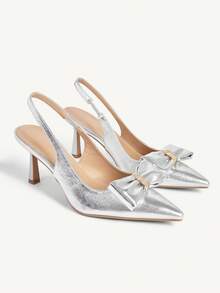 CUCCOO CHICEST Women's Fashionable Elegant Bow Decor Pointed Toe Pumps Summer Shoes Wedding Shoes Bride Shoes - Silver - View 2
