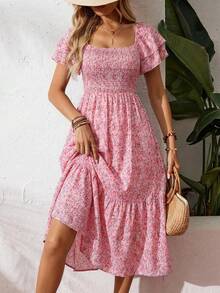 EMERY ROSE Women's Summer Vacation Casual Ditsy Floral Square Neck Midi Dress - Pink - View 4