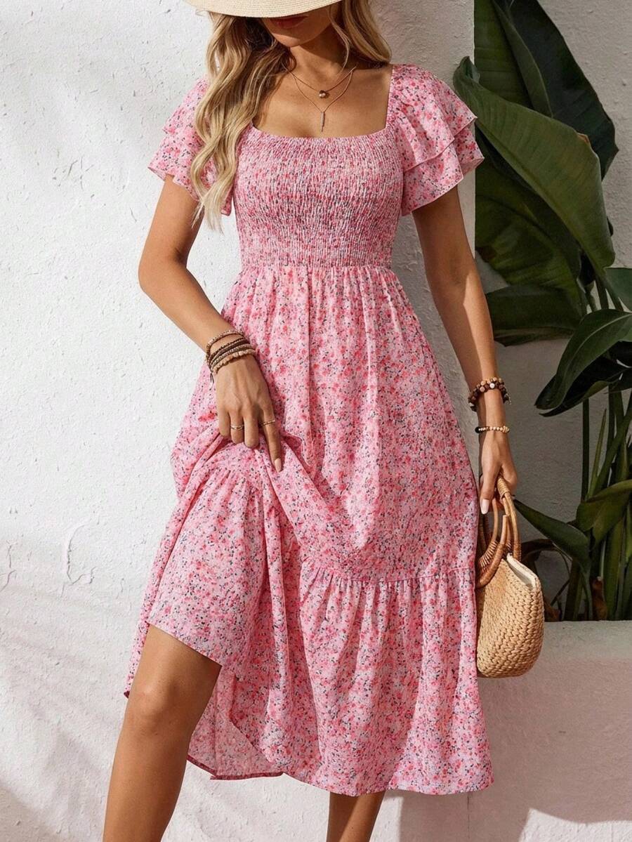 EMERY ROSE Women's Summer Vacation Casual Ditsy Floral Square Neck Midi Dress - Pink - View 1