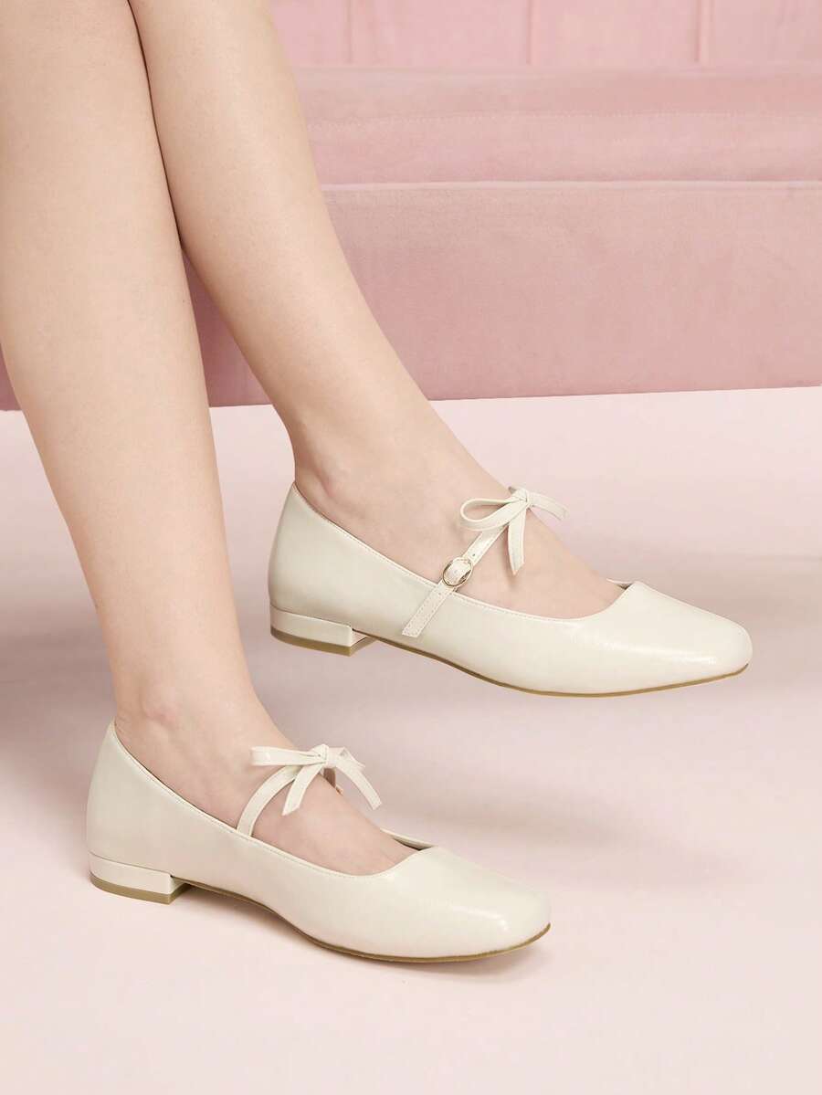 CUCCOO DOLLMOD Women's Beige Square Toe Bow Mary Jane Ankle Strap Flats Cute Commute Preppy Style Leather Buckle Shoes - Beige - View 1