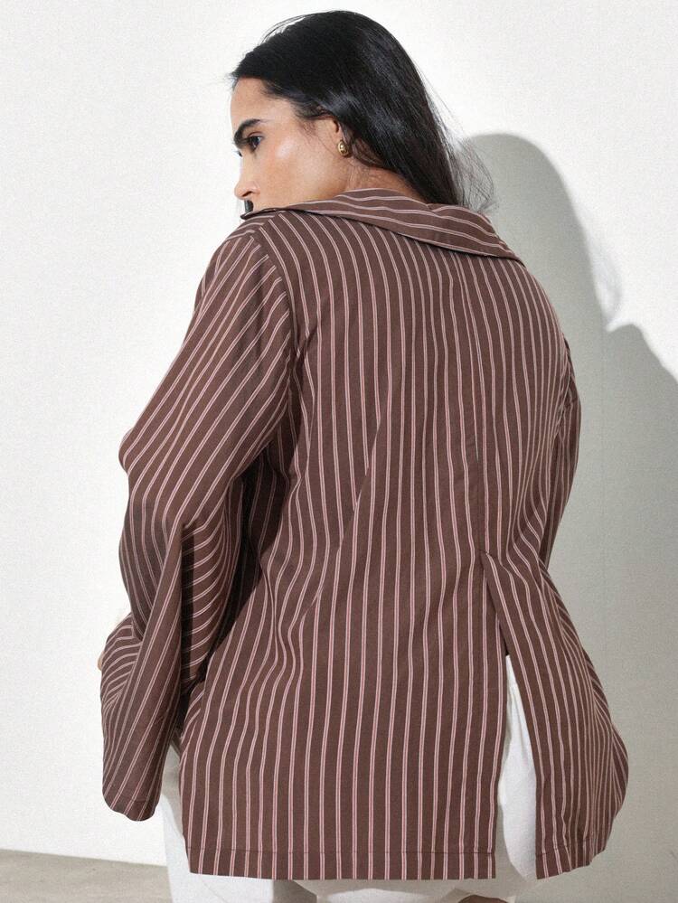 KSTM Women's Oversized Pinstriped Long Sleeve Button Down Blouse With Deep V Neck And Bell Sleeves For Fall Winter Office Casual
