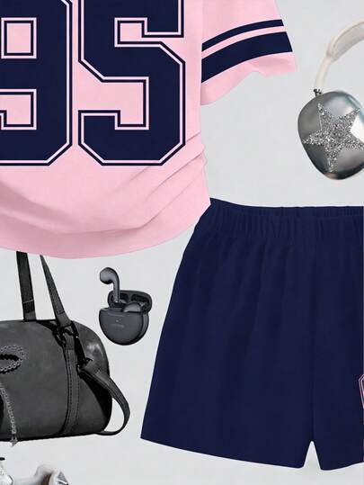 2pcs Navy Blue & Light Pink Teen Girls Short Sleeve Graphic 95 T-Shirt And Shorts Set,Athletic Summer Holiday Back-To-School Casual Streetwear Outfit