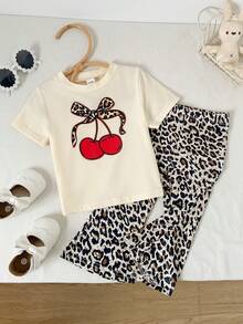 SHEIN 女婴动物纹宽松套头衫和喇叭裤套装 - 杏色 - 查看 5